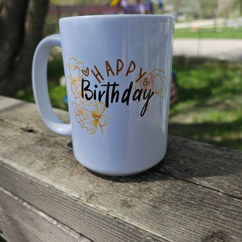 15 Happy Birthday Mug Gold floral(Customization available)